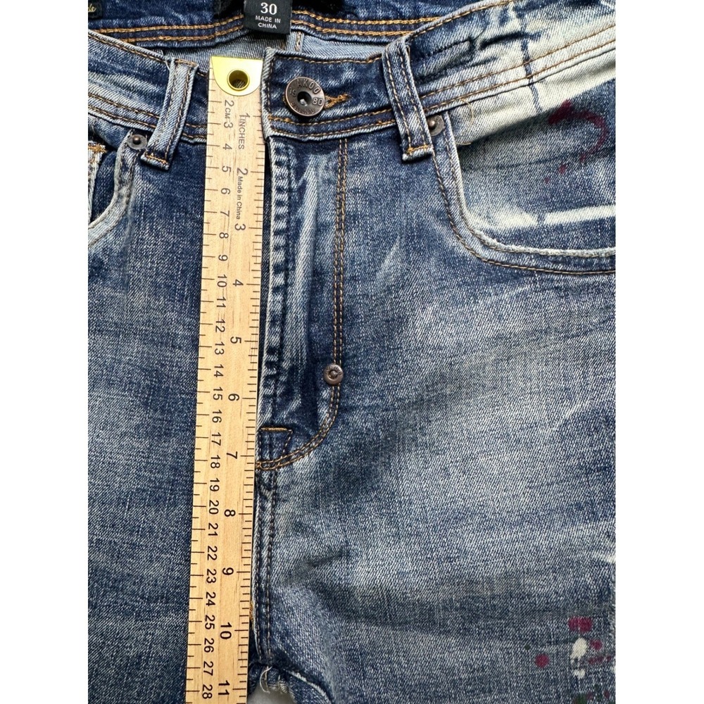 AKOO Slim Fit Jeans Mens 30 Blue Acid Wash Paint Splatter Streetwear Denim - Picture 8 of 15